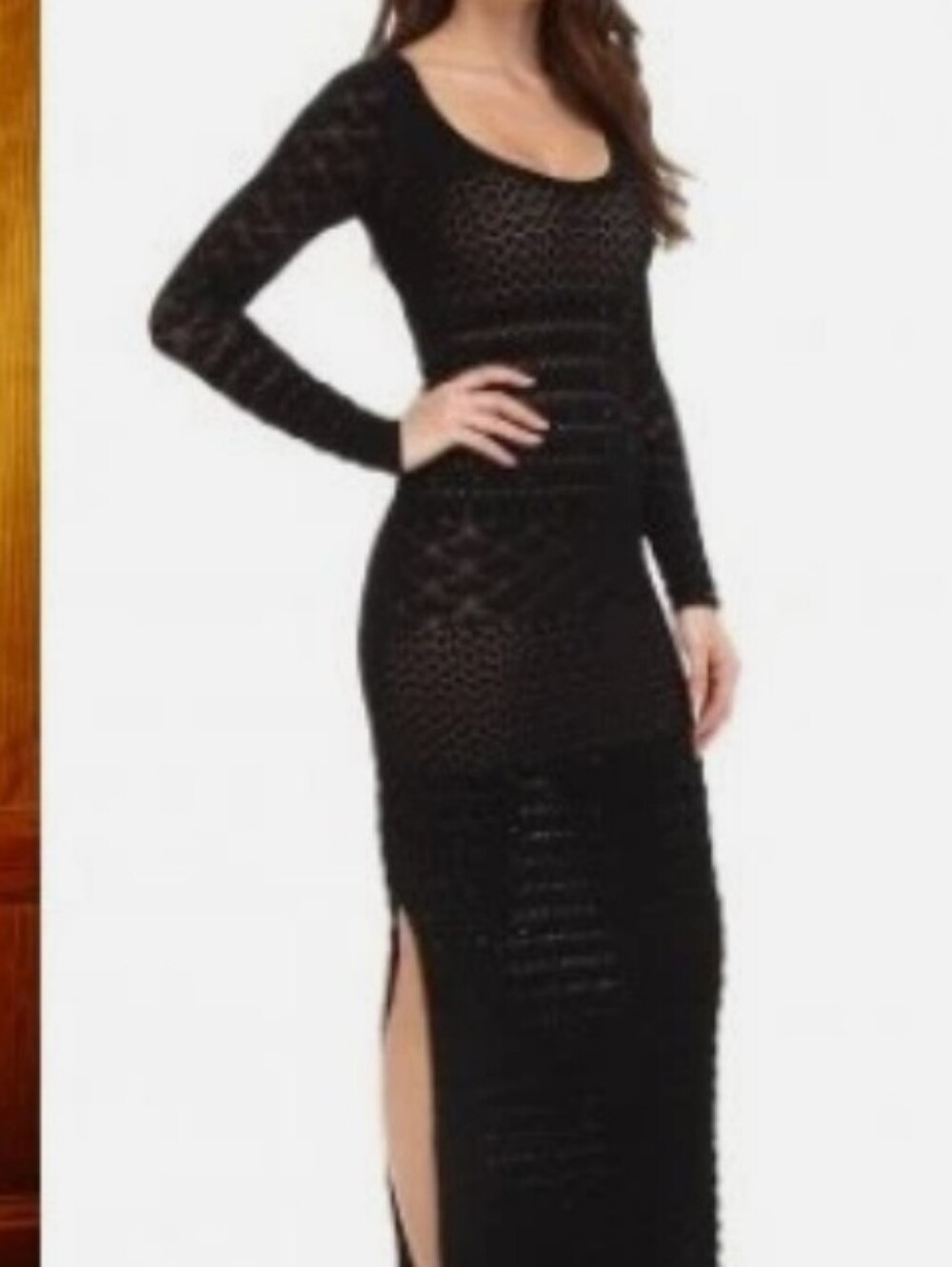 $1190 NWT Catherine Malandrino Black Pointelle Knit Long-Sleeve Bodycon Dress